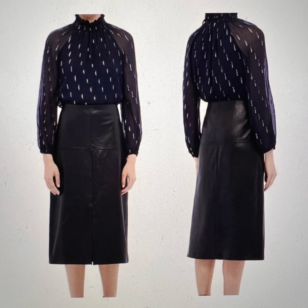 Rebecca Taylor Metallic Mock Neck Silk Long Sleeve Top Navy Blue Size 10